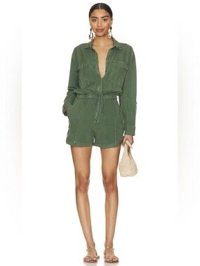 Young Fabulous & Broke YFB Linen Utility Lakeside Green Romper Shorts Pockets S